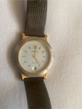 Vintage Spidel Gold-Tone Case Watch with Olive Green Leather Strap